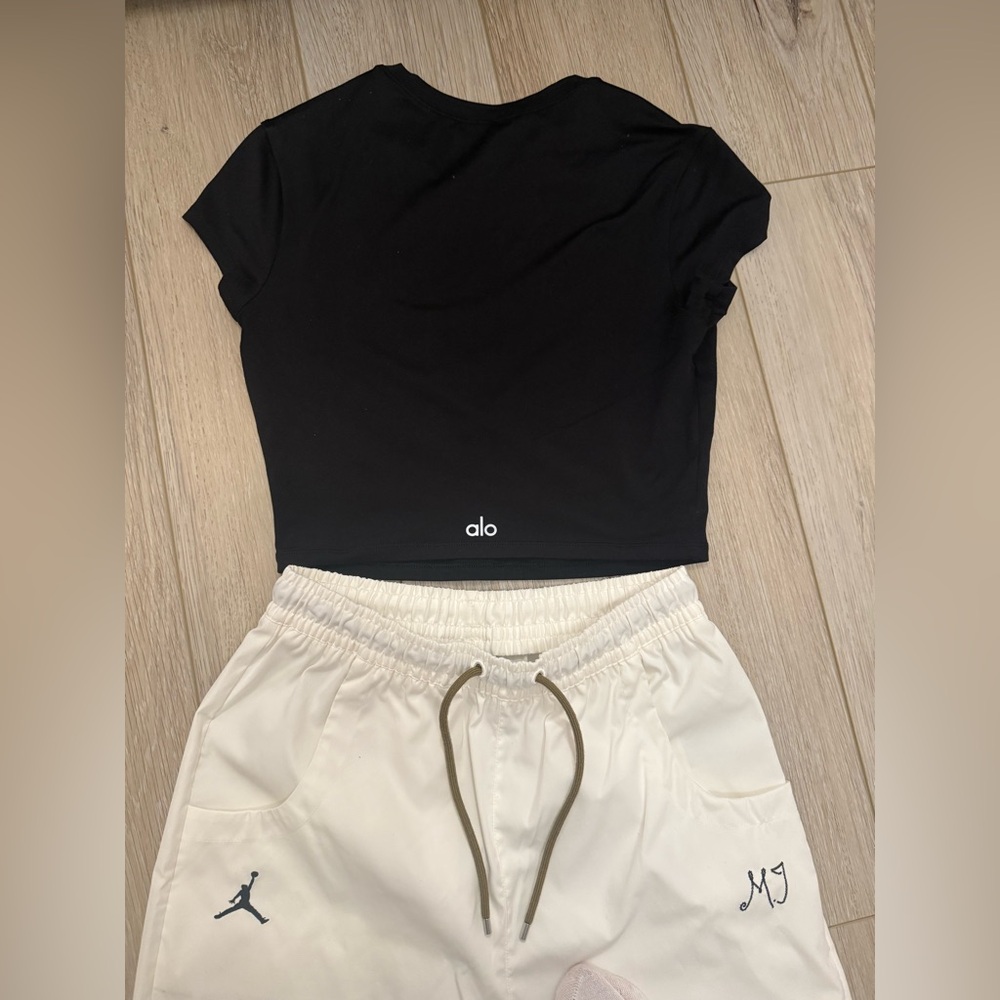 Alo Black Crop Top and Jordan White Joggers Set